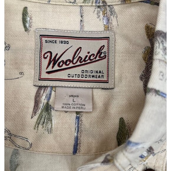 Woolrich Men's Fish Print Short Sleeve Button-Up Shirt Size Large Beige Cotton - Picture 3 of 4